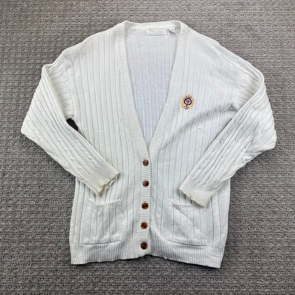 Vintage FOX Grandpa Sweater Knit Cardigan Men Medium M White Button Up Embroider - Picture 1 of 12